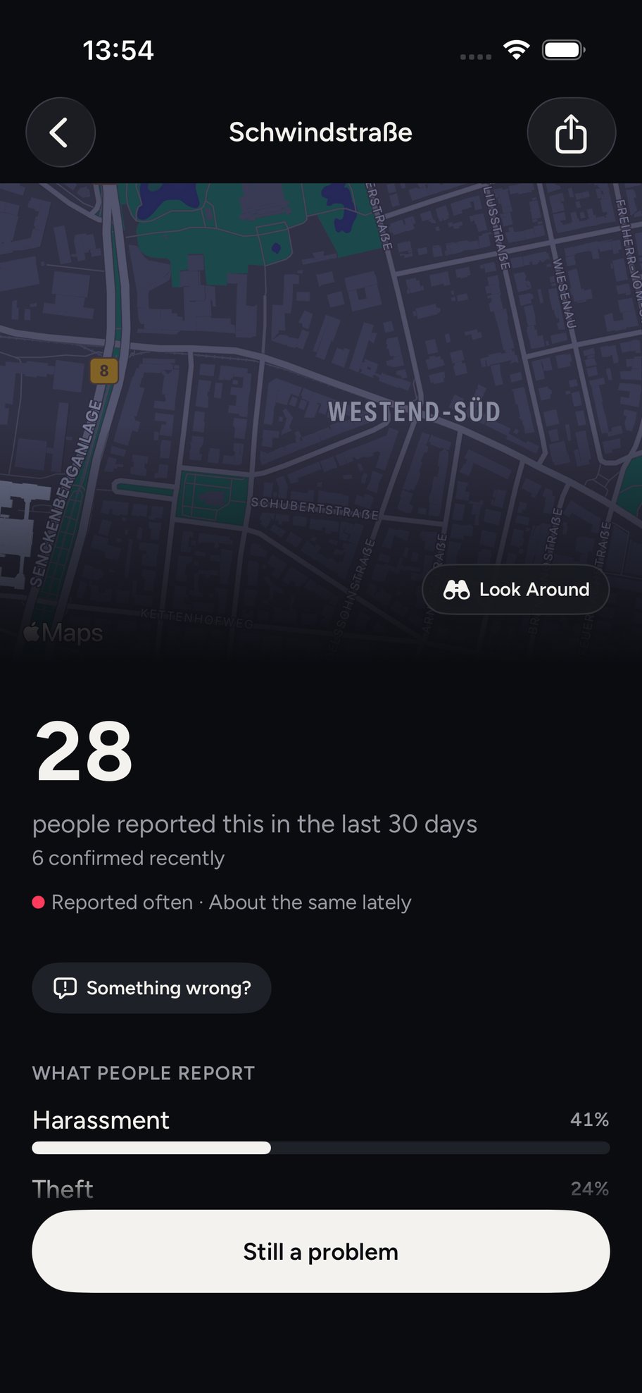 An area with four reports and a breakdown of what people reported.