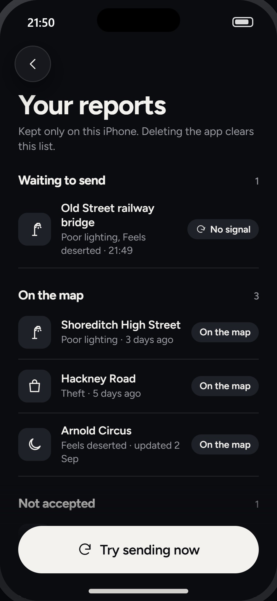 Your reports, grouped by whether they are waiting to send or on the map.